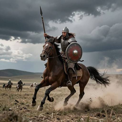 Photograph of a warrior in medieval armor, holding a spear and shield, riding a galloping horse in a stormy, grassy field.