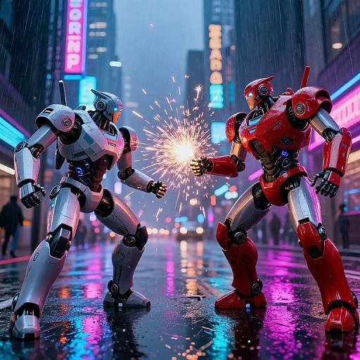 Photograph of two glowing, metallic robots in a neon-lit, rainy city street, clashing with sparks in a vivid, colorful showdown.