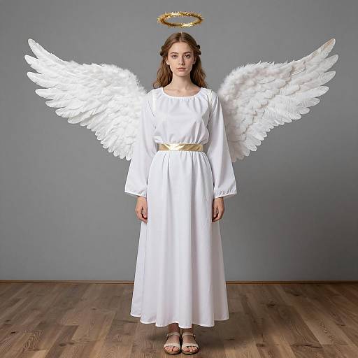 Young Woman in Angel Costume with Wings and Halo