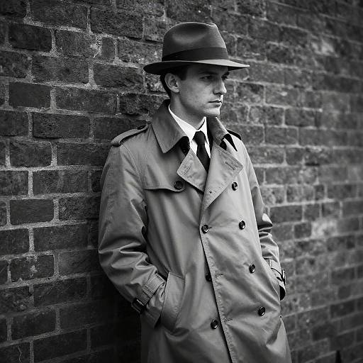 Black-and-white photograph of a man in a trench coat and fedora, leaning against a brick wall, hands in pockets, serious expression.