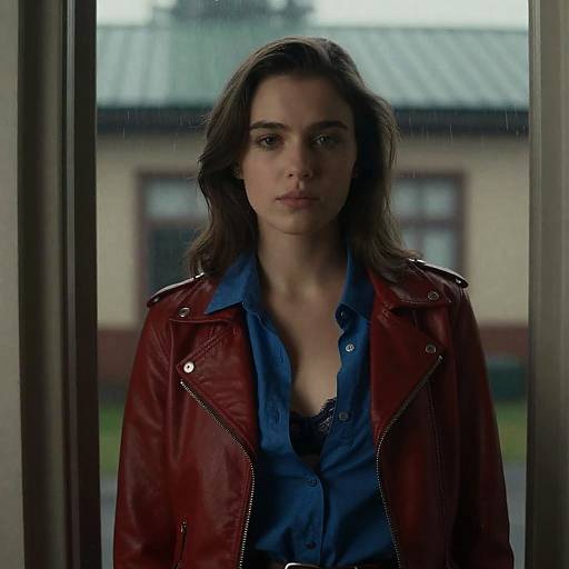 Young Woman in Red Jacket at Doorway