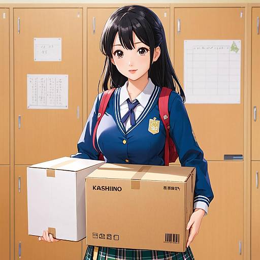 Anime-style drawing of a cute, black-haired schoolgirl with large breasts, wearing a blue uniform, holding a KASHINO box, standing in front