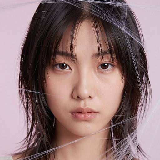 Photograph of an Asian woman with straight black hair, fair skin, and neutral expression, framed by white spider silk strands against a white background.