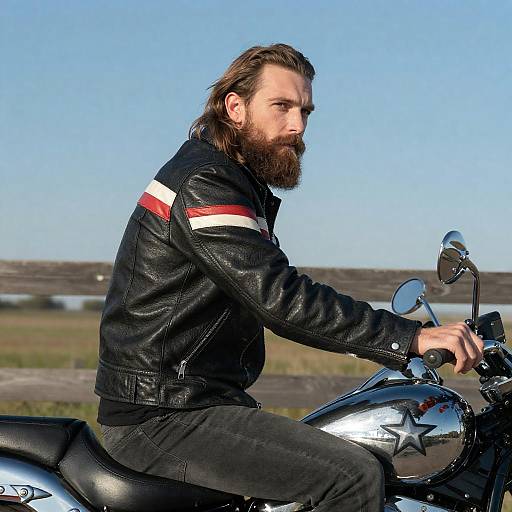 Bearded Man on Chrome Motorcycle Outdoors