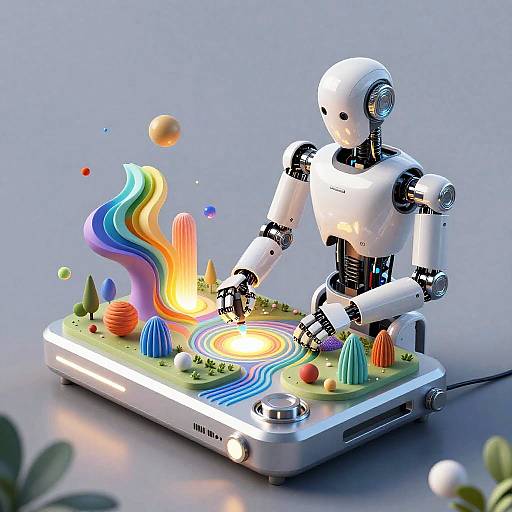 Photorealistic CGI of a white robot sewing colorful, wavy fabric on a futuristic sewing machine with vibrant, miniature landscape and planet decorations.