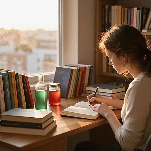 Photograph of a young woman with brown hair in a bun, wearing a white sweater, writing in an open book at a sunlit wooden table with