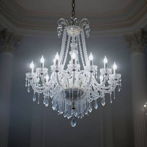 Photograph of an elegant, crystal chandelier with glowing bulbs, adorned with sparkling beads and teardrop-shaped crystals, hanging from a dark, orn