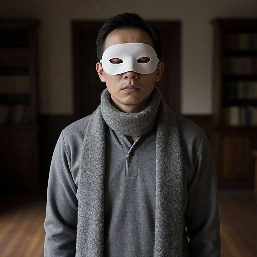 Photograph of a serious Asian man with short black hair, wearing a white mask, gray scarf, and gray shirt, standing in a dimly lit