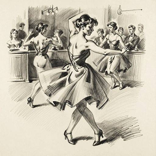 Black-and-white vintage illustration of women in elegant, knee-length dresses dancing in a salon; one woman in the foreground twirls gracefully, others watch