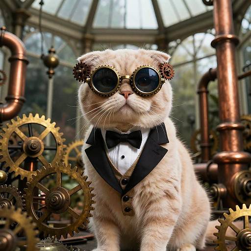 Steampunk cat with round goggles, black bow tie, and white shirt, surrounded by brass gears and pipes in a glass conservatory. Photoreal