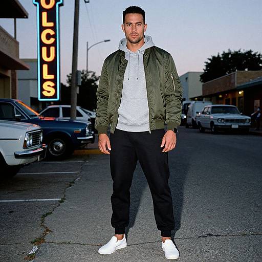Photograph of a muscular man with short dark hair, medium skin tone, wearing a green bomber jacket, gray hoodie, black pants, and white sneakers