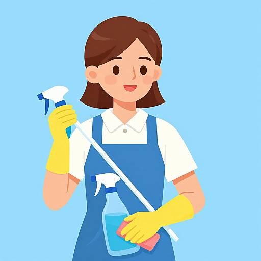 Digital illustration of a smiling woman with brown hair, wearing blue apron, yellow gloves, white shirt, holding spray bottle and mop.
