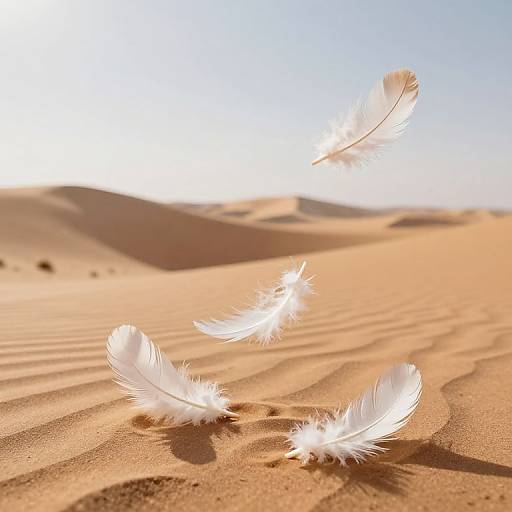Photograph of three white feathers gently floating over sunlit, sandy desert dunes with rippled textures and a clear blue sky.