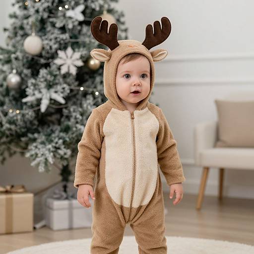 Photograph of a baby in a brown and beige reindeer onesie with antler hood, standing in front of a decorated Christmas tree and wrapped gifts