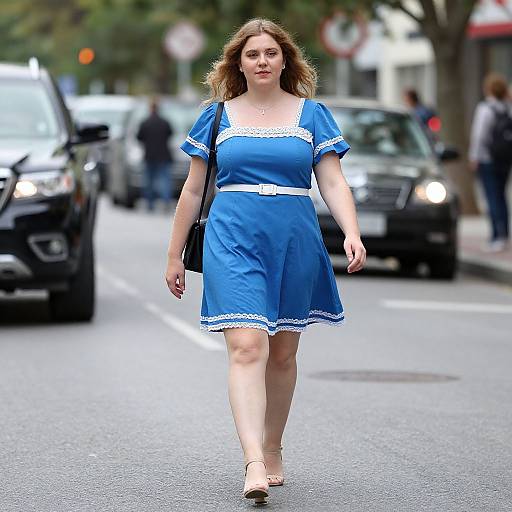 Photograph of a young Caucasian woman with shoulder-length brown hair, wearing a blue dress with white trim, white belt, and beige shoes, walking on