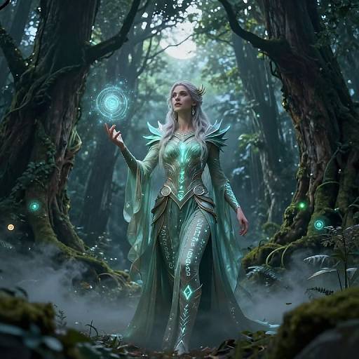 Digital artwork of a mystical, white-haired woman in glowing green, ornate armor, casting a blue magical orb in a dense, enchanted forest.