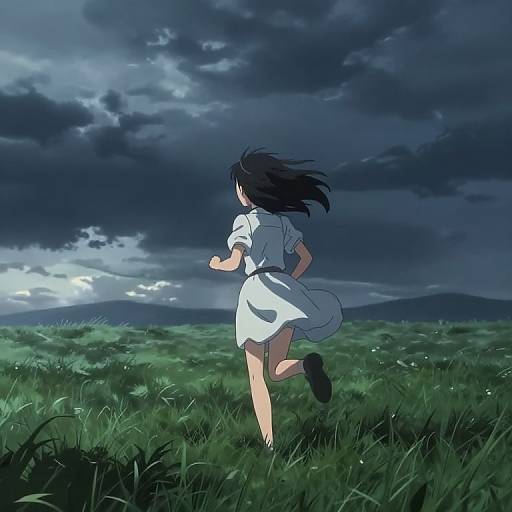 Anime-style digital illustration of a girl with long black hair running in a grassy field under a stormy, dark blue sky. She wears a white
