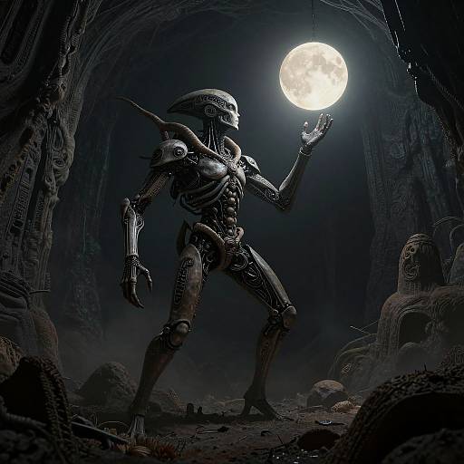 Digital art: Dark, eerie cave with a skeletal, cybernetic alien holding a glowing full moon, surrounded by twisted, decaying rocks.