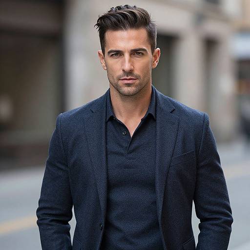 Photograph of a handsome, light-skinned man with styled dark brown hair, wearing a black textured blazer over a black button-up shirt, standing