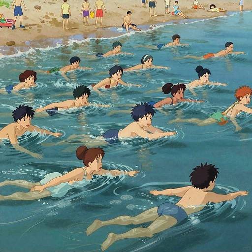 Painterly Beach Crowd Inspired by Ghibli