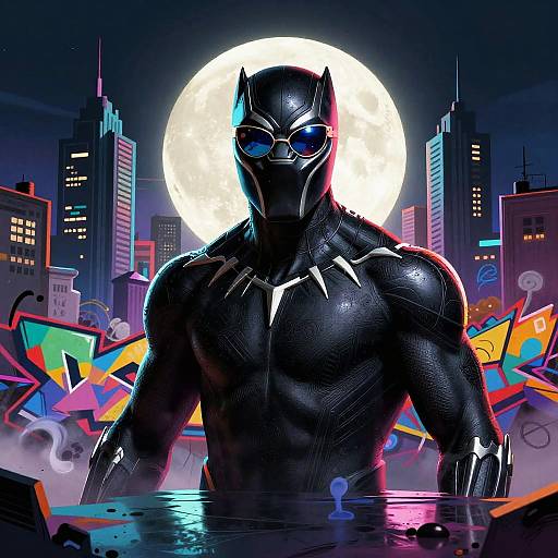Digital artwork of a muscular, black armored Batman with glowing blue eyes, standing in front of a full moon, neon cityscape, and colorful graffiti,