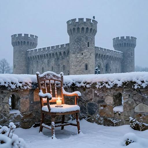 Photograph of a snow-covered wooden chair with a lit candle in front of a medieval stone castle, surrounded by a stone wall.