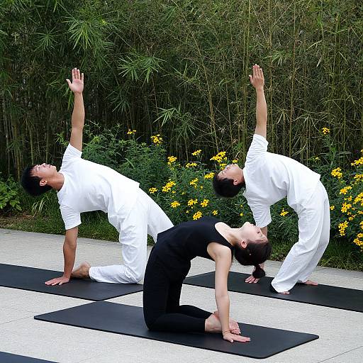 Photograph of three people, two men in white martial arts uniforms and one woman in black, performing yoga poses outdoors on black mats, with bamboo and