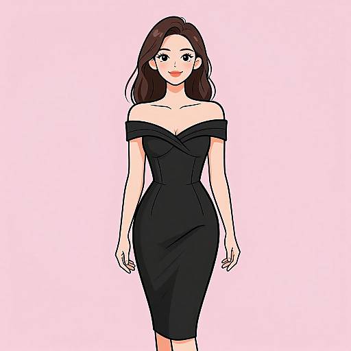Digital anime-style illustration of a smiling woman with long brown hair, wearing an off-shoulder black dress, standing against a white background.