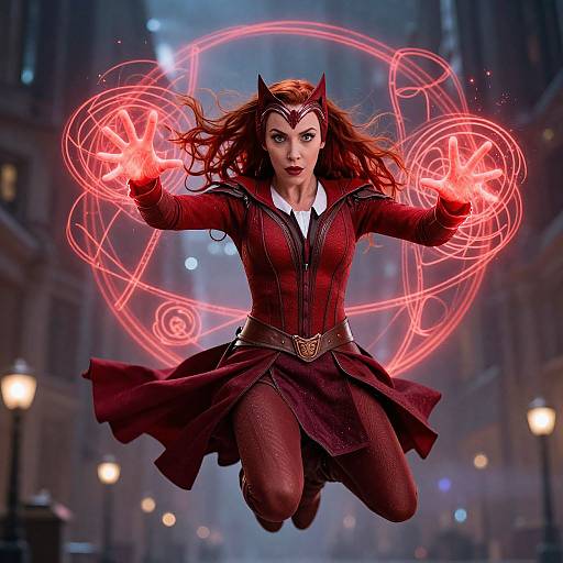 Digital art of a red-haired woman in a red, magic-ember dress, with horns, glowing red circles, and floating mid-air at night.