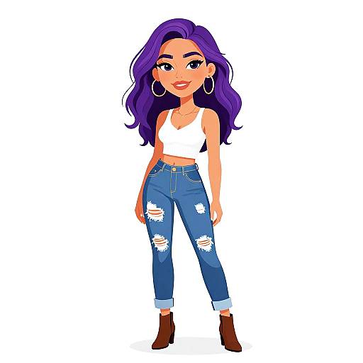 Digital drawing of a confident woman with long purple hair, wearing a white crop top, ripped blue jeans, brown ankle boots, and large hoop earrings,