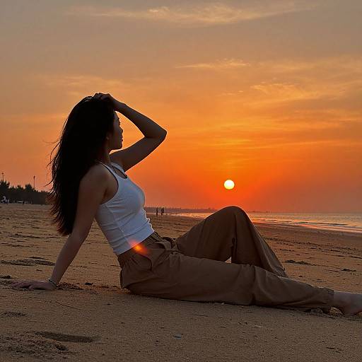 Photograph of a woman with long dark hair, wearing a white tank top and brown pants, sitting on a sandy beach at sunset, hand in hair