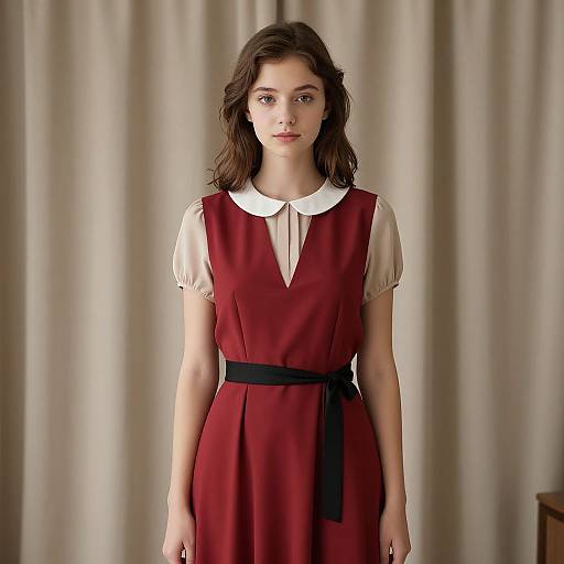 Photograph of a young woman with wavy brown hair, wearing a red dress with a white collar and black belt, standing against a beige curtain background