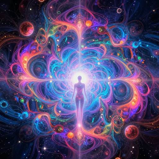 Vibrant, cosmic digital art depicting a glowing, ethereal figure at the center surrounded by colorful, swirling energy patterns and floating planets in a star