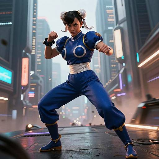 CGI image of Chun-Li from Street Fighter in a futuristic, neon-lit city street, striking a fighting stance with determined expression.