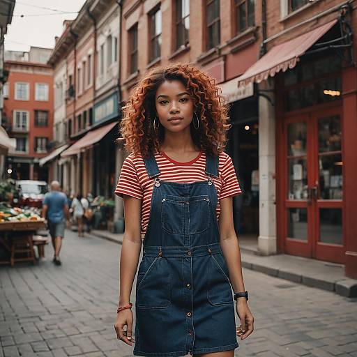 Confident Woman Walking in Historic Market Street