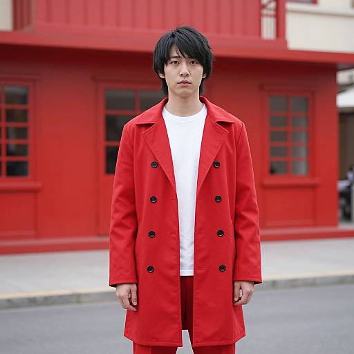 Man in Red Coat by Red Building