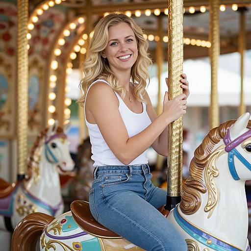 Blonde woman in white tank top and blue jeans, smiling, holding a carousel pole, seated on a colorful, ornate horse.
