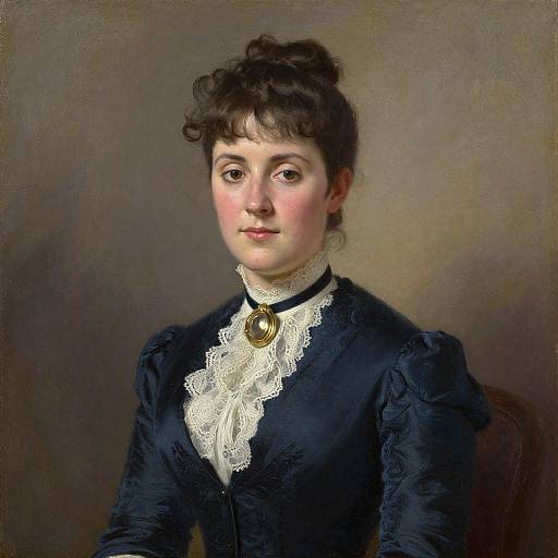 Victorian-style portrait of a pale-skinned woman with dark curly hair, wearing a black dress with white lace collar and gold brooch, against a