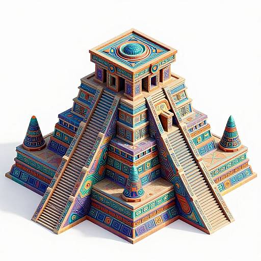 Colorful, intricately decorated, stepped pyramid structure with three staircases, topped with a blue dome, resembling Aztec or Mayan architecture. Phot