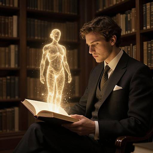 Photograph of a serious, dark-haired man in a black suit reading an illuminated book, with a glowing, ethereal human figure emerging from it,