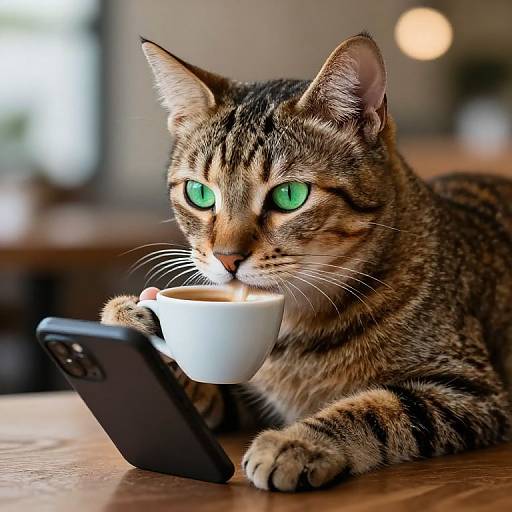 Photograph of a tabby cat with striking green eyes, holding a white cup with one paw and looking at a black smartphone. Blurred background.