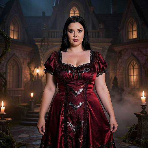 Photograph of a pale-skinned woman with black hair in a red, lace-trimmed, bat-patterned dress, standing in a dimly