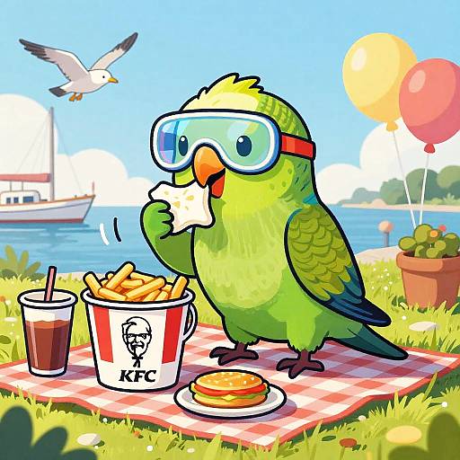 Vivacious Parakeet Enjoying KFC Picnic