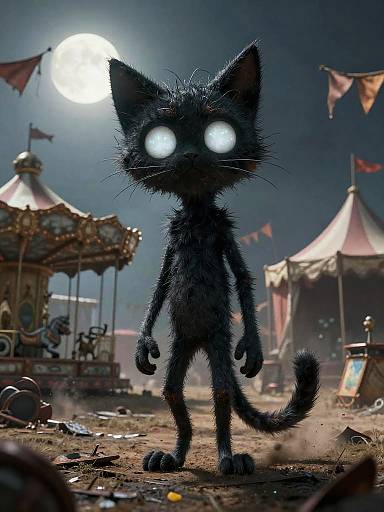 CGI image of a glowing-eyed, black, fuzzy, humanoid cat standing in a moonlit, dusty carnival with a carousel and tents.