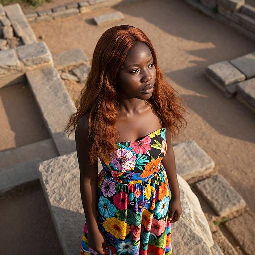 Photograph of a young Black woman with long, wavy auburn hair, wearing a colorful floral dress, standing among ancient stone ruins in sunlight