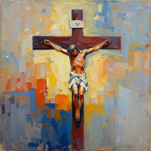 Abstract painting of a crucified Jesus with a muscular physique, white loincloth, and a wooden cross, set against a vibrant, colorful background.