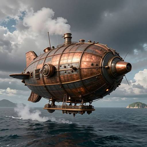 Photorealistic CGI of a copper-hulled, steam-powered airship with propeller and smokestack, floating above dark blue ocean under cloudy sky.