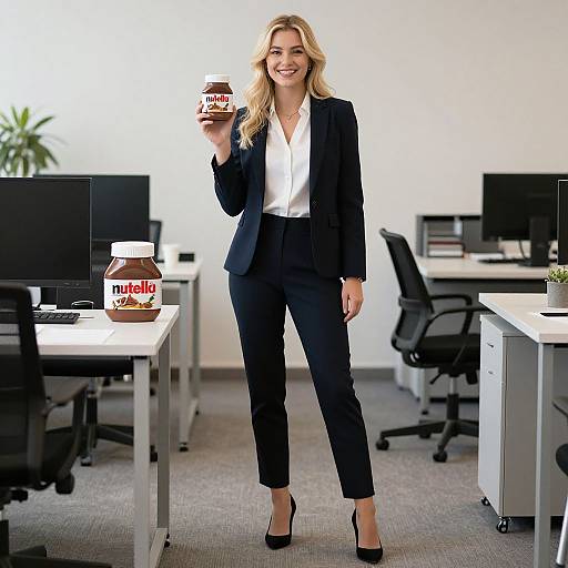 Professional Woman Holding Nutella Jar in Office