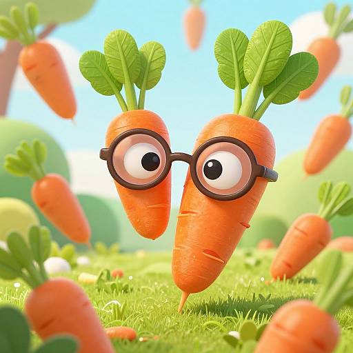 CGI image of two cartoonish orange carrots with green leaves and large black-rimmed glasses standing in a sunny, grassy field with floating carrots