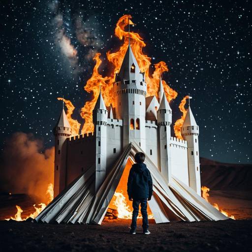 Boy Standing by Burning Paper Castle Under Starry Sky